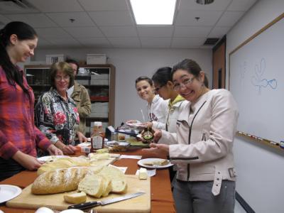 Students eating fungal based foods in lab